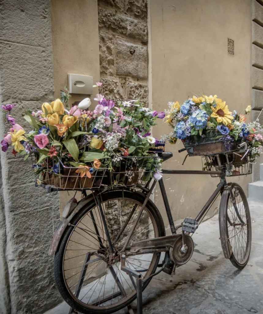 Vintage bicycle adorned with colorful flower baskets parked by a textured wall.